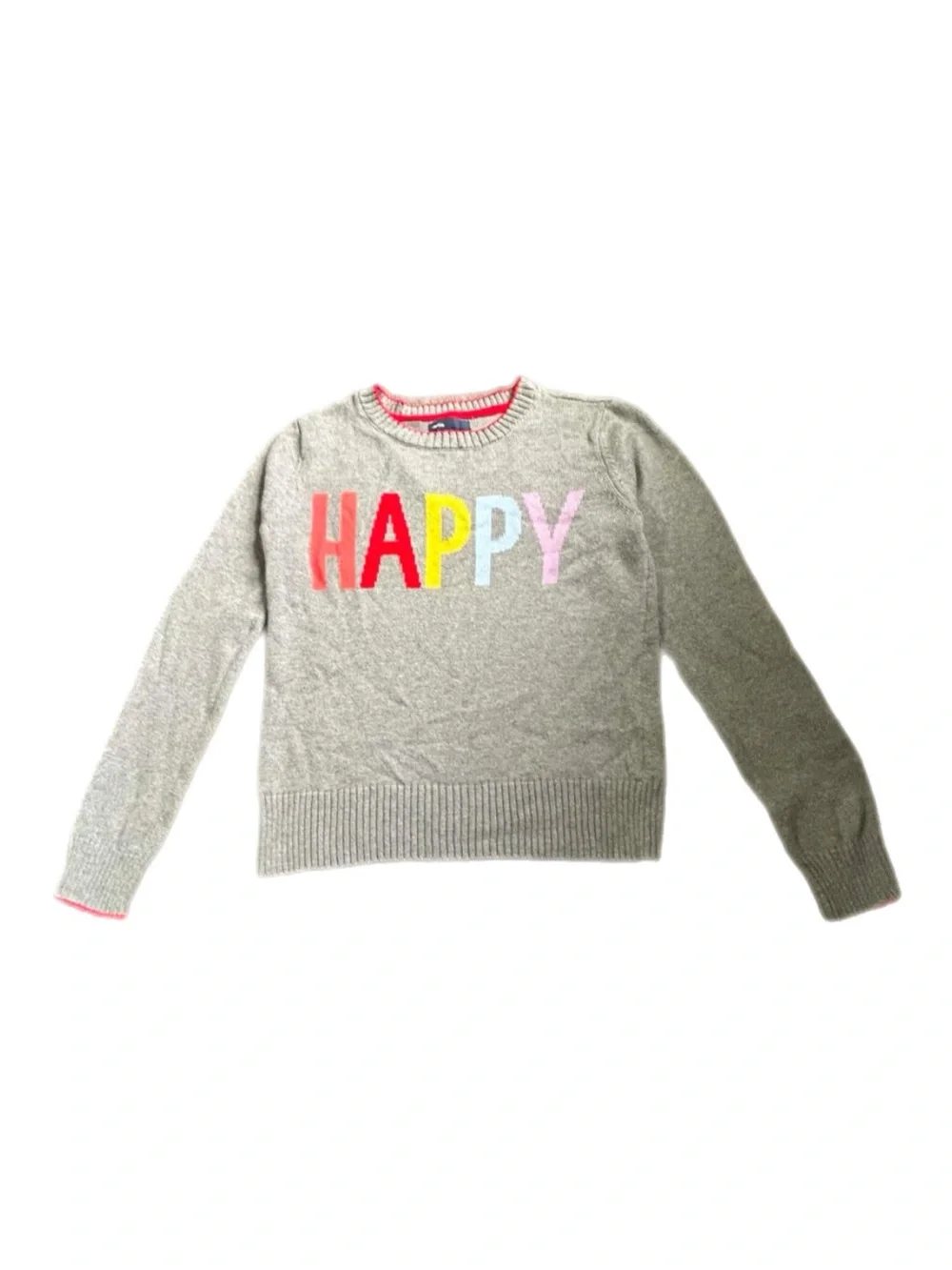 GAP Intarsia Crewneck Sweater Multicolor “HAPPY” Graphic Letters Sz XL 12 Years
